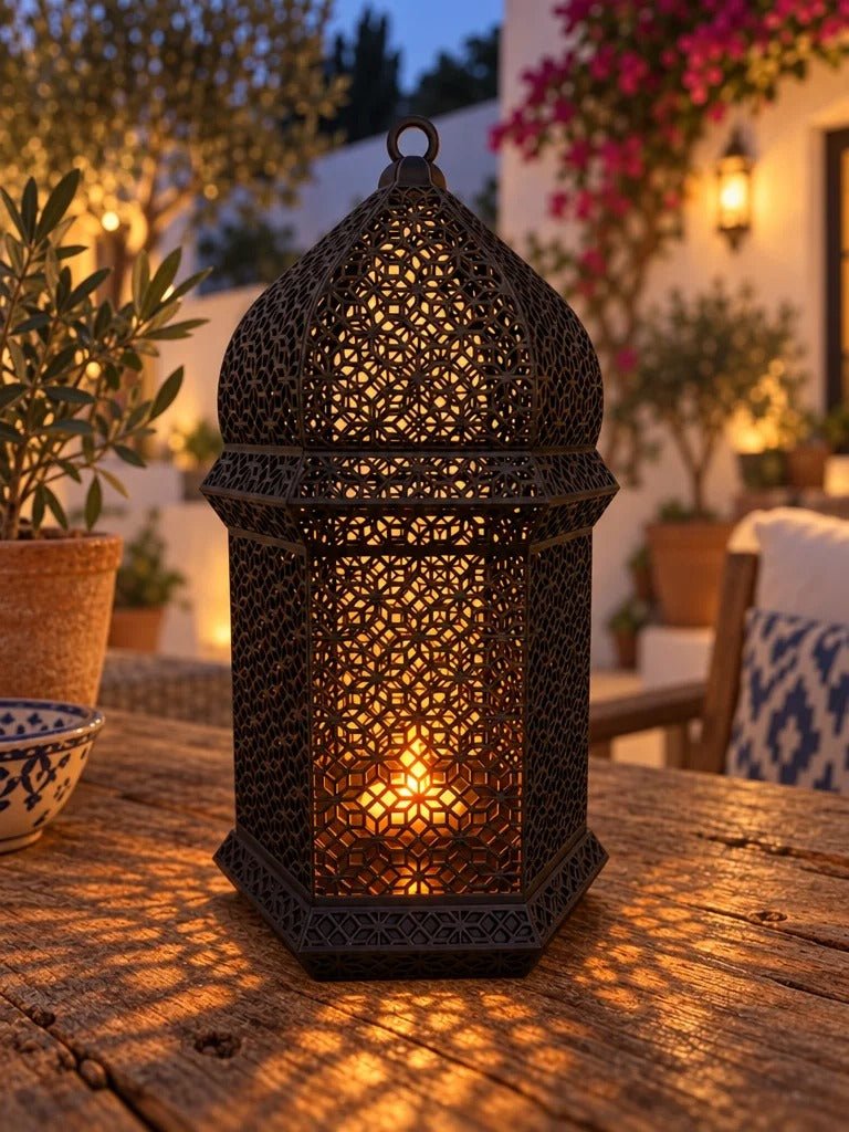 Farol árabe encendido sobre una mesa de madera en una terraza, proyectando sombras geométricas