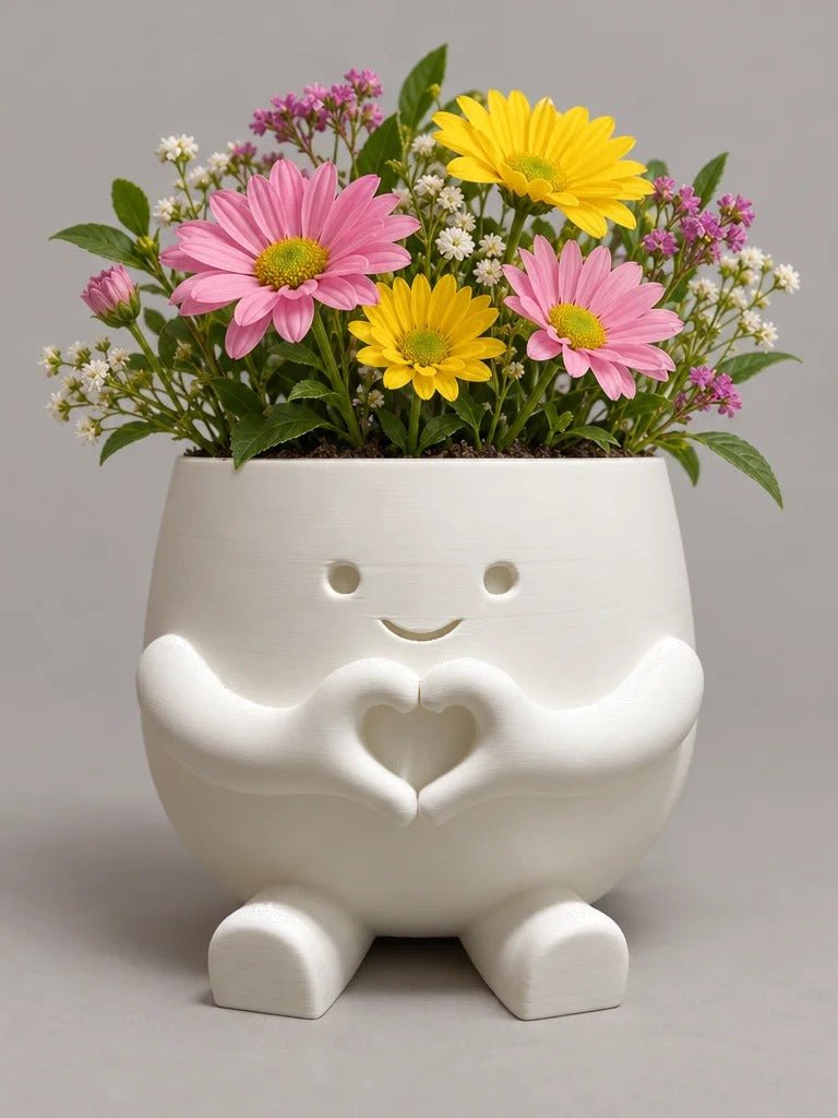 Maceta corazón con cara sonriente con flores rosas y amarillas como ejemplo de uso